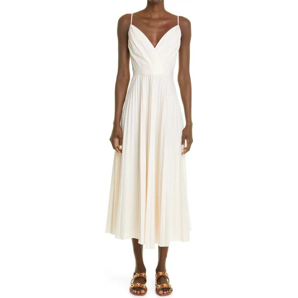 Johanna Ortiz Luminous Skies Sleeveless Pleated Midi Dress in Ecru Size 10